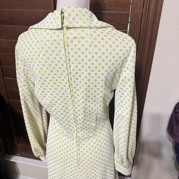 Vintage Maxi Dress 70s Yellow Polka Dot Homemade Prom Dagger Collar Mod Sz S - Picture 7 of 11